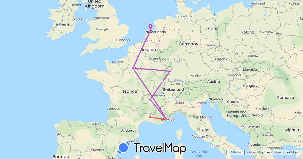 TravelMap itinerary: driving, train, hiking in France, Netherlands (Europe)